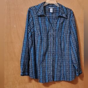 Catherine's 1X Long Sleeved Blue, Black,& Gold V-Necked Button Down Shirt